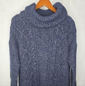 Lands' End Tunic Sweater Navy Blue Cable Knit Cowl Neck Heavyweight 25% Wool L